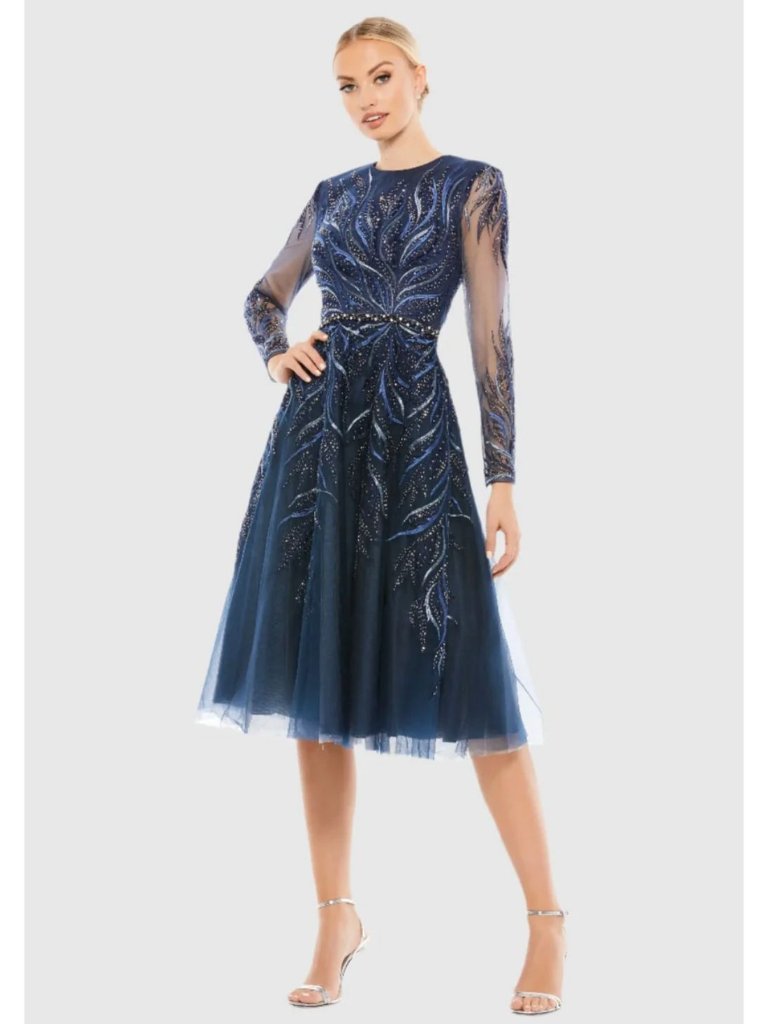 Mac Duggal 11136 Navy Embellished Tea-Length Illusion Cocktail Dress Size 4